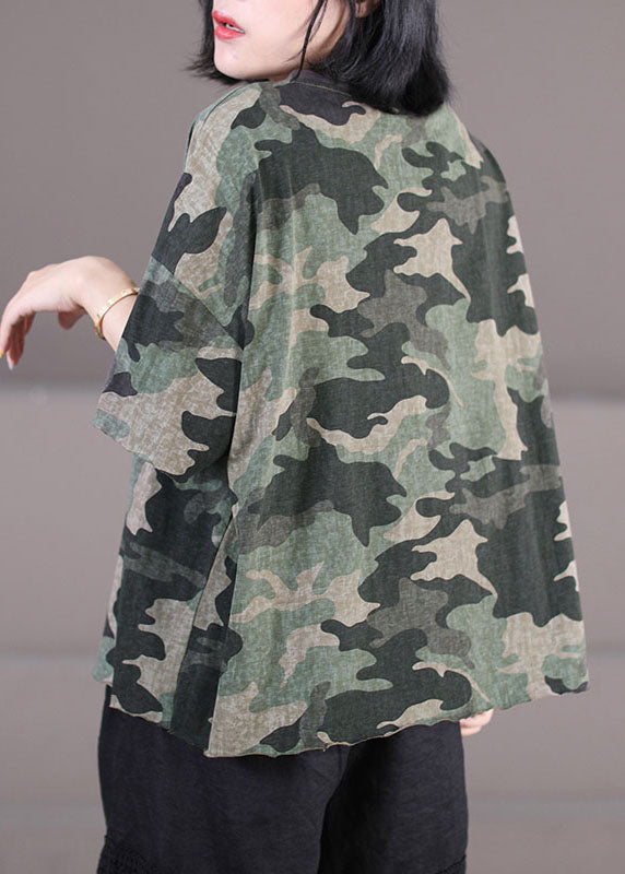 Classy Army Green O-neck Oversized Camouflage Print Cotton Tank Tops Short Sleeve