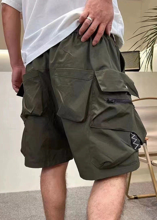 Classy Army Green Pockets Zippered Drawstring Cotton Shorts Summer