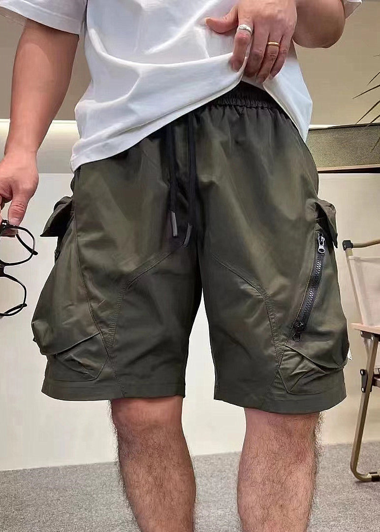 Classy Army Green Pockets Zippered Drawstring Cotton Shorts Summer