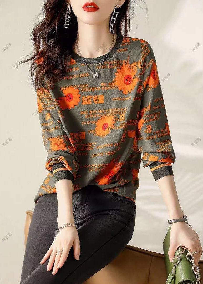 Classy Army Green Print Cotton Tops Spring