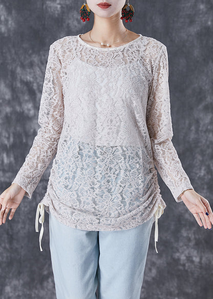 Classy Beige Cinched Hollow Out Back Button Down Lace Blouses Fall