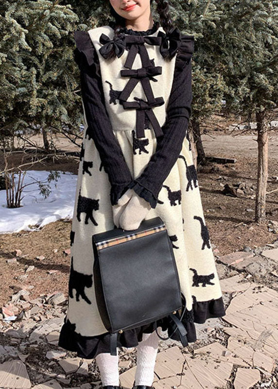 Classy Beige O-neck Bow Cats Print Wrinkled Ruffled Patchwork Woolen Long Dress Fall