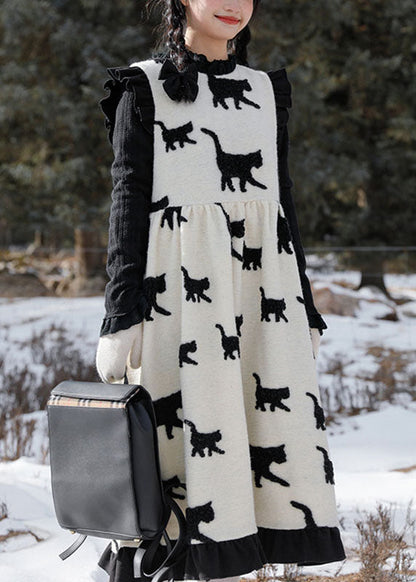 Classy Beige O-neck Bow Cats Print Wrinkled Ruffled Patchwork Woolen Long Dress Fall
