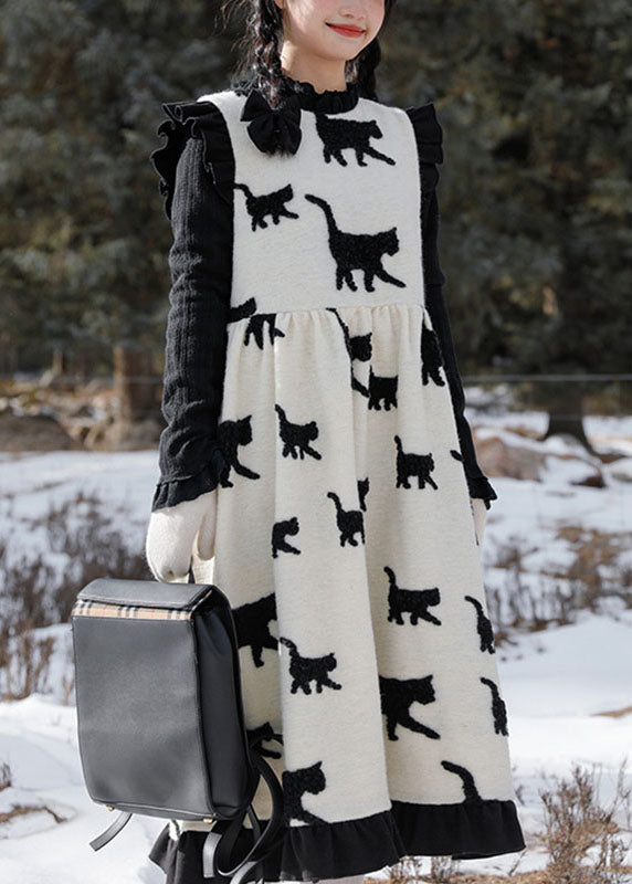Classy Beige O-neck Bow Cats Print Wrinkled Ruffled Patchwork Woolen Long Dress Fall