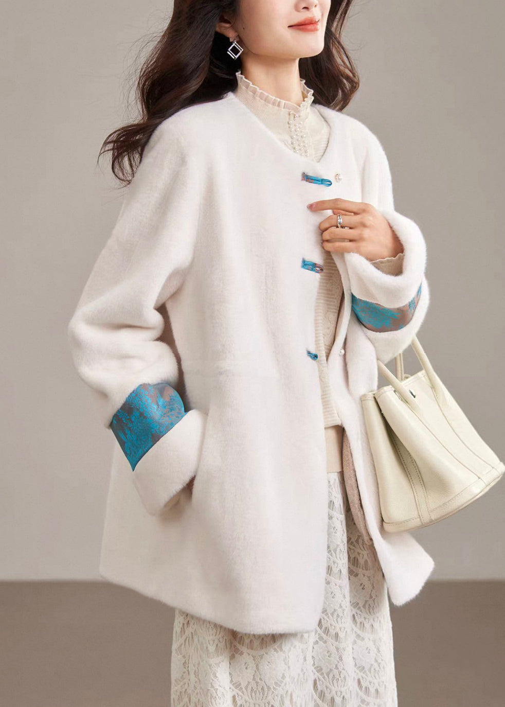 Classy Beige O-neck Patchwork Leather and Fur Coat Winter