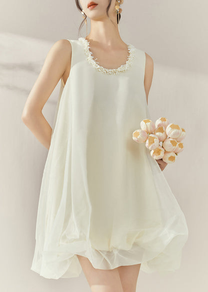 Classy Beige O-neck Patchwork Tulle Mid Dresses Sleeveless