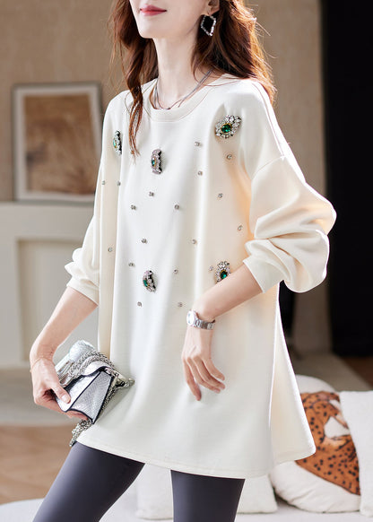 Classy Beige Patchwork Zircon Tops Lantern Sleeve