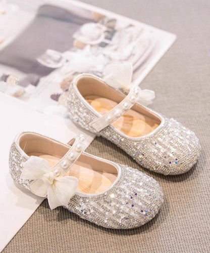 Classy Beige Pearl Bow Buckle Strap Flat Shoes for