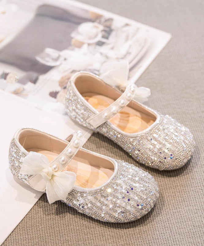 Classy Beige Pearl Bow Buckle Strap Flat Shoes for