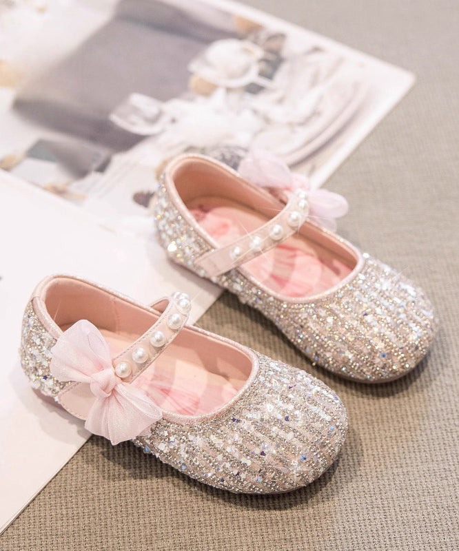 Classy Beige Pearl Bow Buckle Strap Flat Shoes for