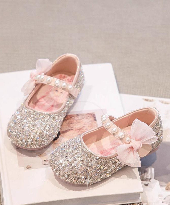 Classy Beige Pearl Bow Buckle Strap Flat Shoes for