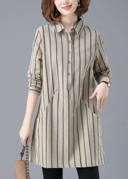 Classy Beige Peter Pan Collar Striped Button Shirt Long Sleeve