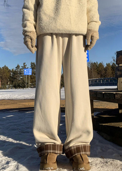 Classy Beige Plaid Elastic Waist Warm Fleece Pants Winter