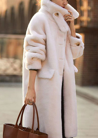 Classy Beige Stand Collar Pockets Patchwork Wool Trench Winter