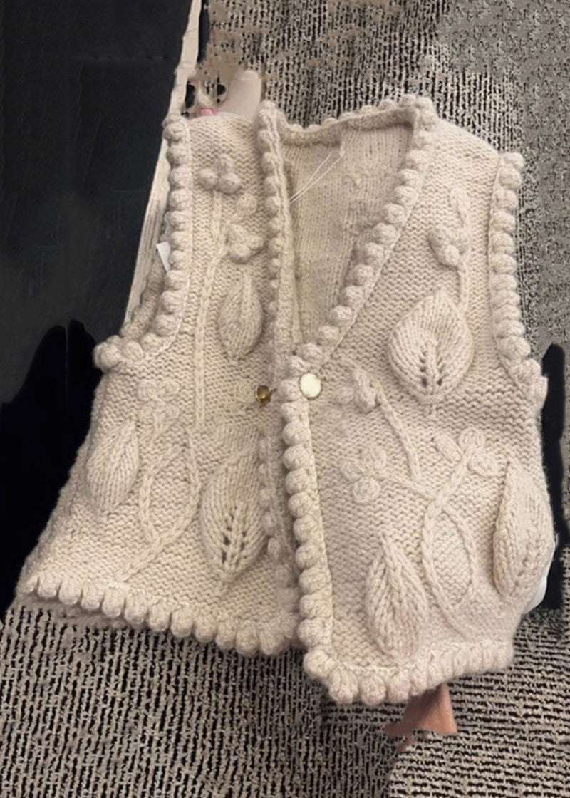 Classy Beige V Neck Button Cotton Knit Waistcoat Sleeveless