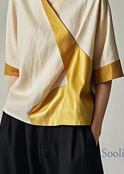 Classy Beige V Neck Patchwork Cotton Tops Half Sleeve
