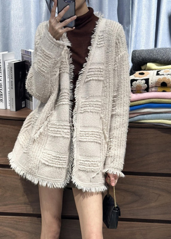 Classy Beige V Neck Tassel Woolen Loose Cardigans Spring
