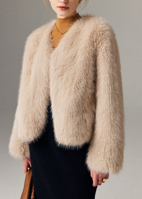 Classy Beige V Neck Warm Leather and Fur Coat Winter
