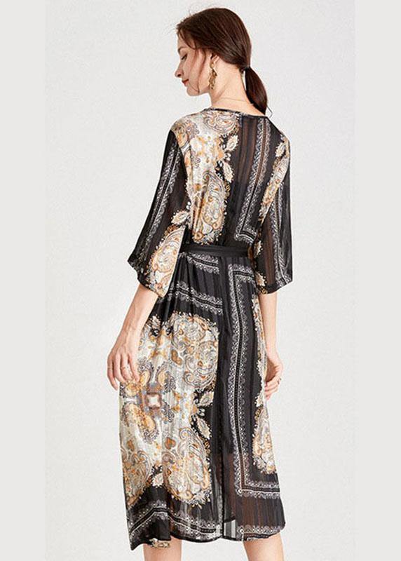 Classy Black Apricot V Neck Print Fall Chiffon Party Dresses Half Sleeve