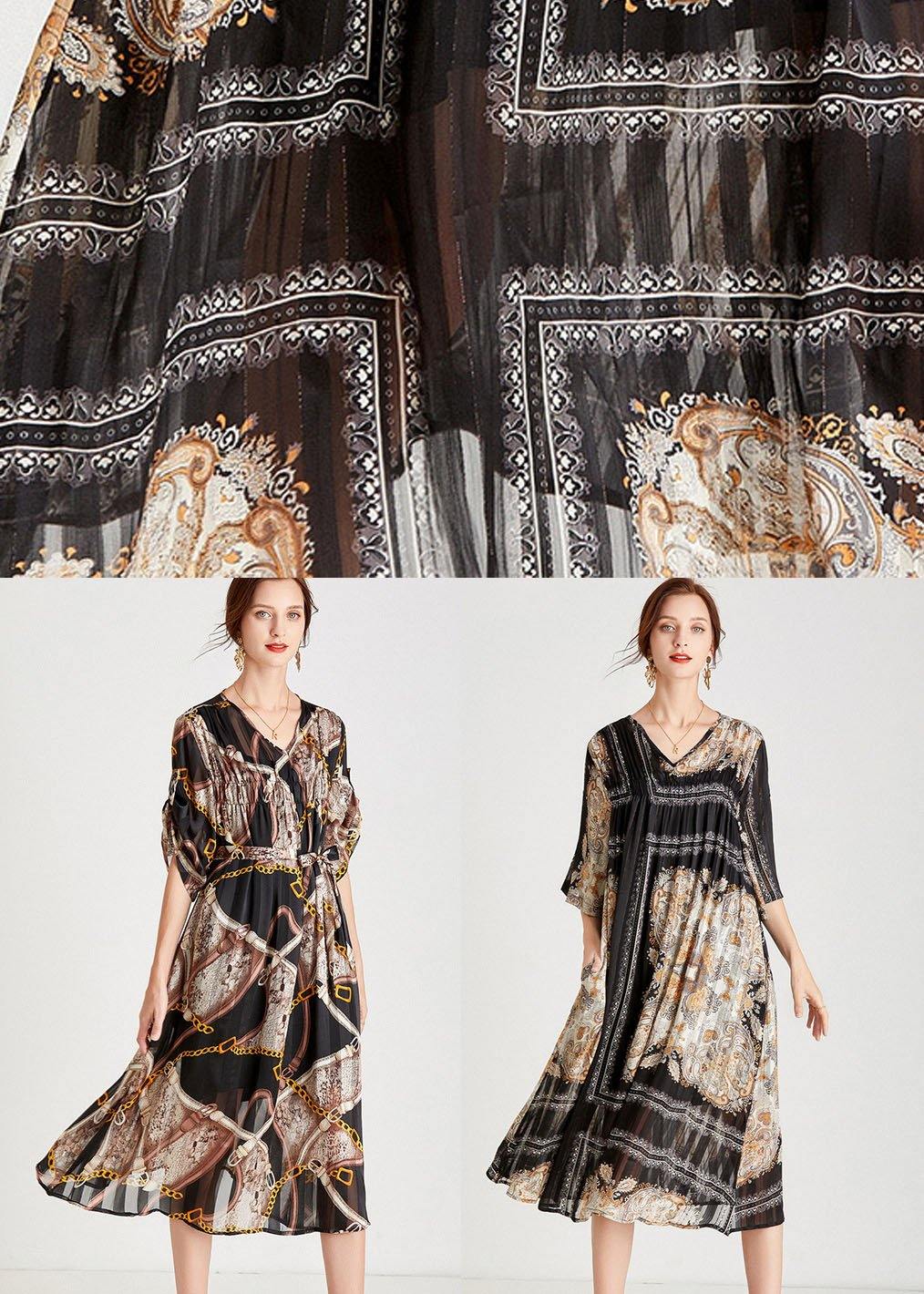 Classy Black Apricot V Neck Print Fall Chiffon Party Dresses Half Sleeve