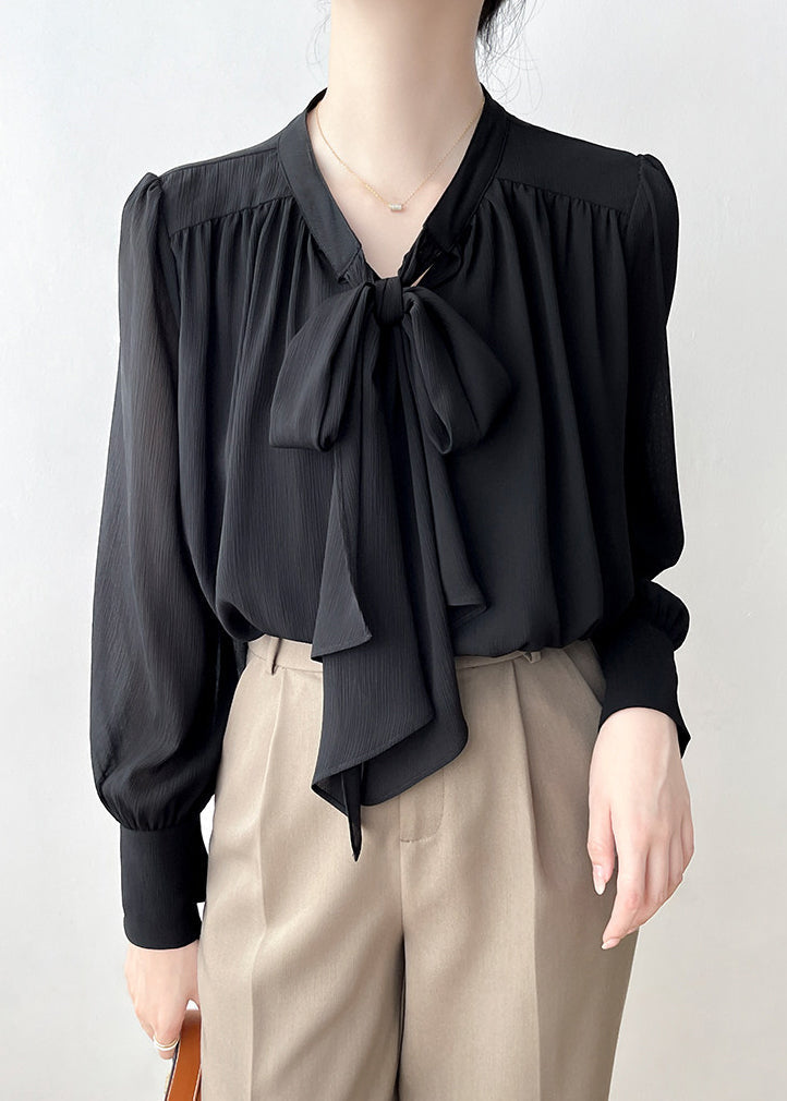 Classy Black Bow Draping Chiffon Shirt Tops Spring