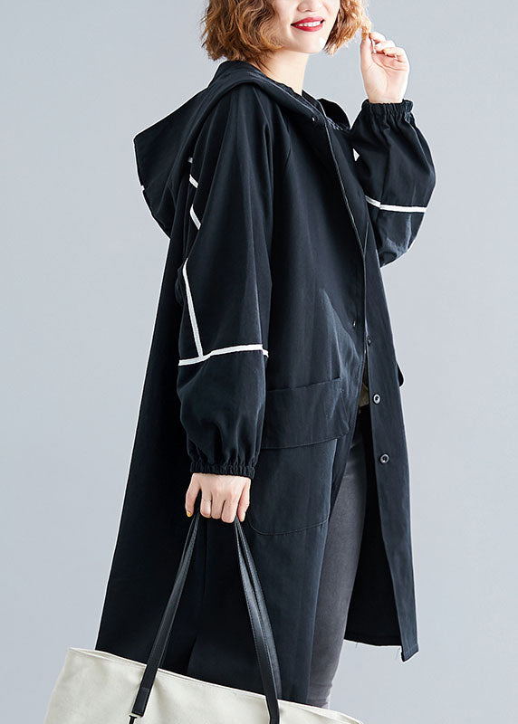 Classy Black Button Pockets Loose Fall Long Sleeve Hooded Coat