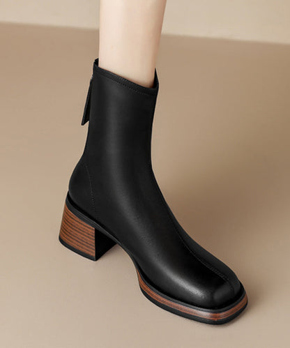 Classy Black Chunky Short Boots Fuzzy Wool Lined