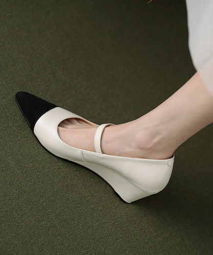 Classy Black Cowhide Leather Wedge Heels Shoes Splicing Buckle Strap