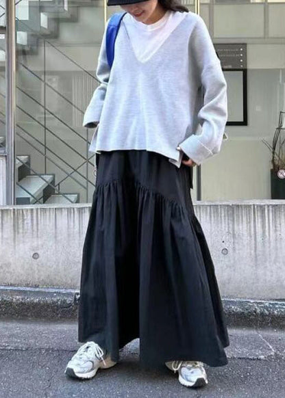 Classy Black Elastic Waist Patchwork Cotton Skirt Fall