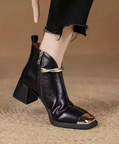 Classy Black Faux Leather Splicing Chunky Boots