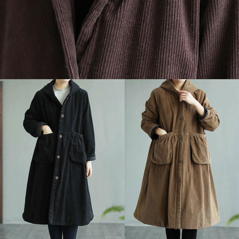 Classy Black Fine Maxi Coat Sewing Hooded Pockets Coats