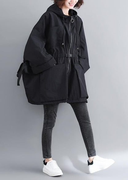 Classy Black Fine Outfit Outfits Hooded Tie Waist Spring Outwears
