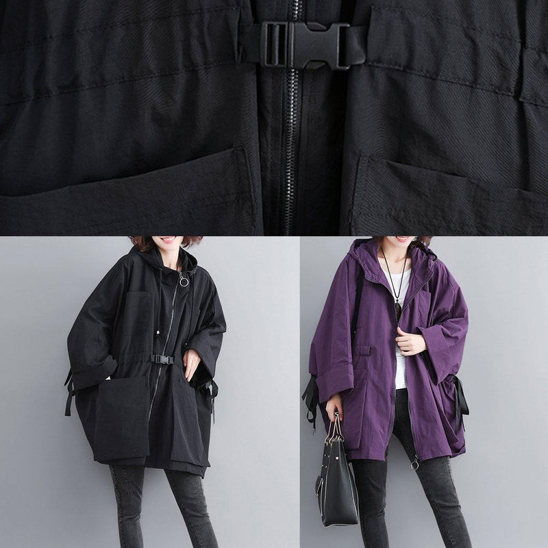Classy Black Fine Outfit Outfits Hooded Tie Waist Spring Outwears