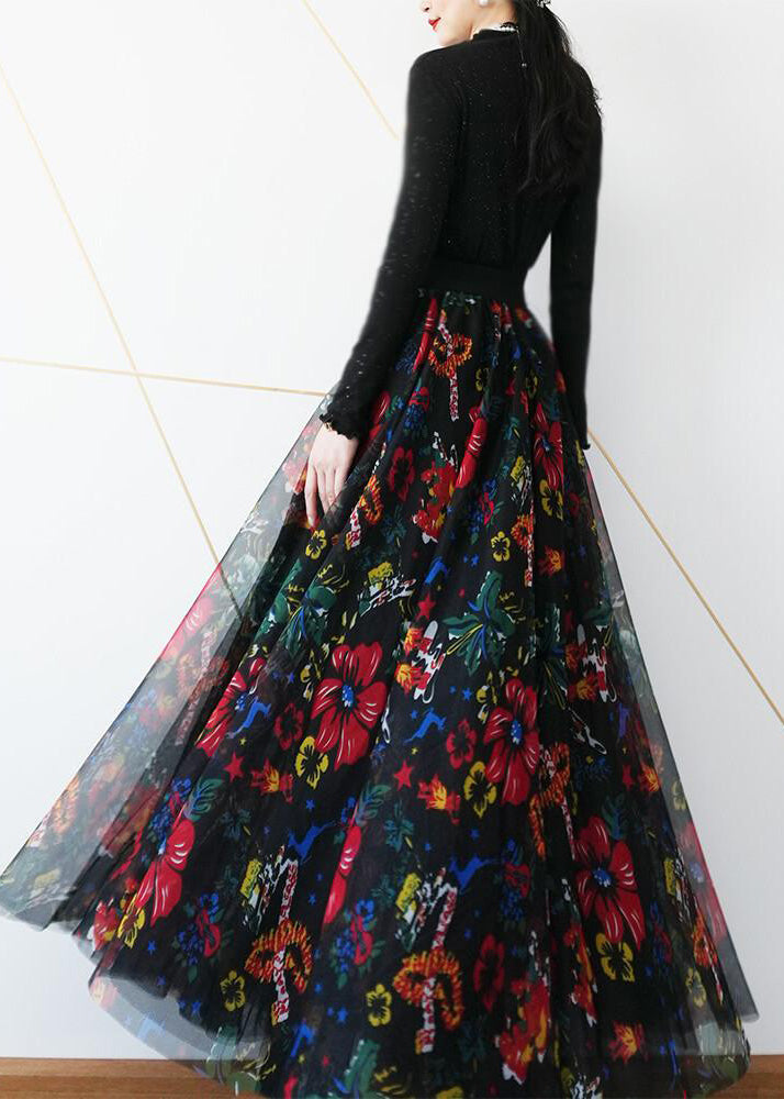 Classy Black Print Exra Large Hem Tulle Skirts Spring