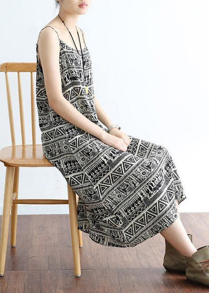 Classy Black Geometric a Line Camisole Cotton Spaghetti Strap Dress
