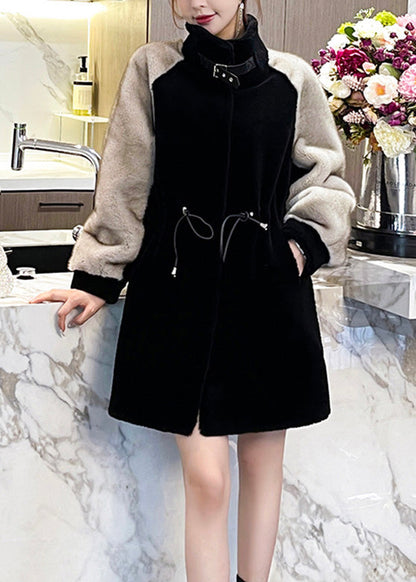 Classy Black Grey Peter Pan Collar Faux Fur Patchwork Drawstring Button Mink Velvet Leather and Fur Coats Winter