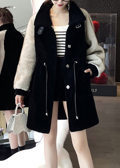 Classy Black Grey Peter Pan Collar Faux Fur Patchwork Drawstring Button Mink Velvet Leather and Fur Coats Winter