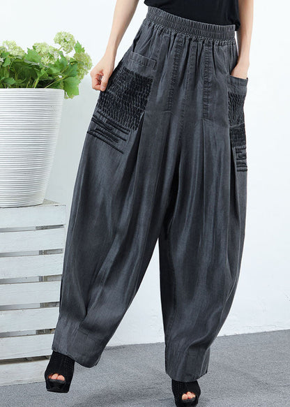 Classy Black Grey Pockets Wrinkled Denim Pants Spring