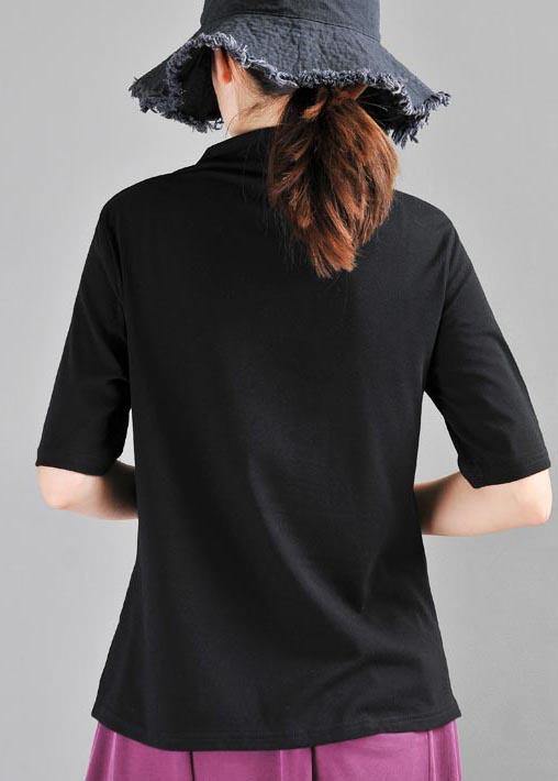 Classy Black High Neck Asymmetrical Design Cotton Tops Summer