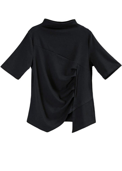 Classy Black High Neck Asymmetrical Design Cotton Tops Summer
