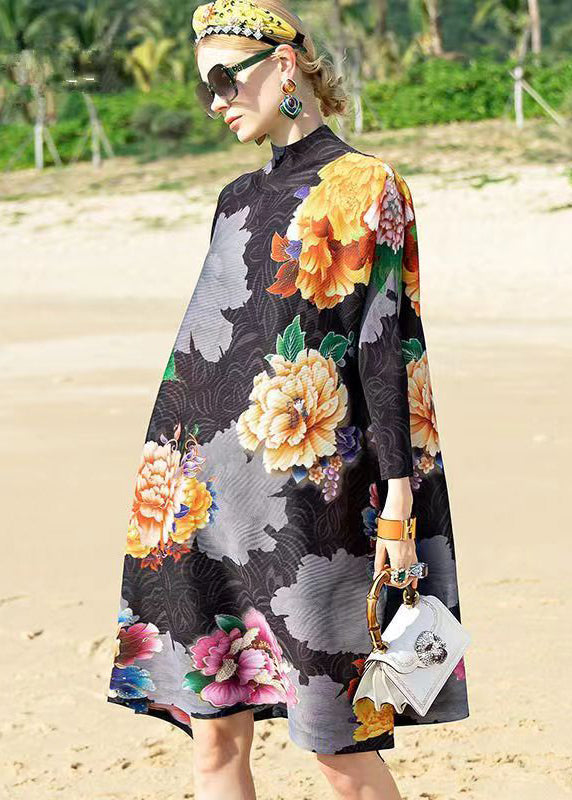 Classy Black Hign Neck Print Patchwork Cotton a Line Dress Fall