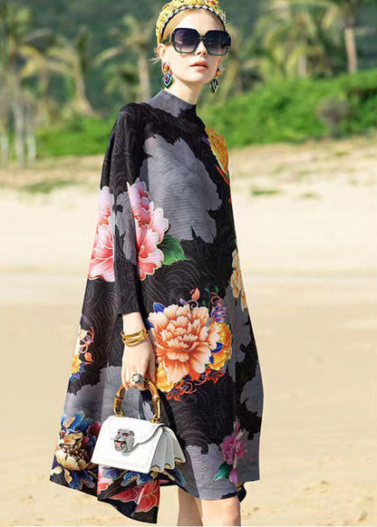Classy Black Hign Neck Print Patchwork Cotton a Line Dress Fall