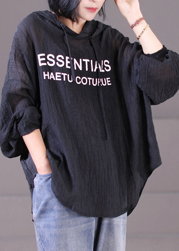 Classy Black Hooded Drawstring Wrinkled Cotton Sweatshirt Long Sleeve