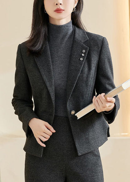 Classy Black Notched Pockets Patchwork Coats Fall