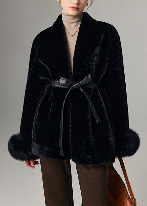 Classy Black Notched Pockets Tie Waist Fox Leather and Fur Coat Winter