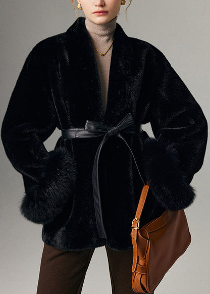 Classy Black Notched Pockets Tie Waist Fox Leather and Fur Coat Winter