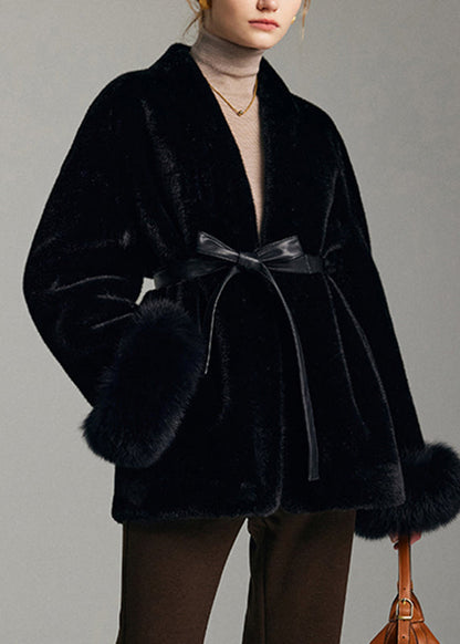 Classy Black Notched Pockets Tie Waist Fox Leather and Fur Coat Winter