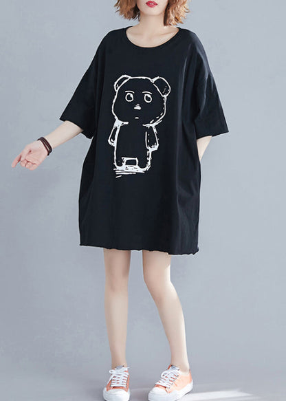 Classy Black O-neck Bear Print Cotton Mid Dresses Summer