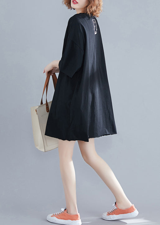 Classy Black O-neck Bear Print Cotton Mid Dresses Summer