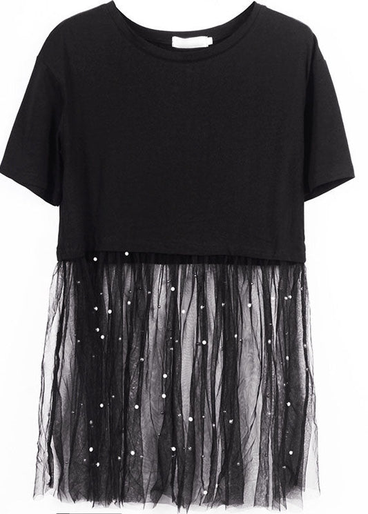 Classy Black O-neck Nail Bead Patchwork Summer Tulle Tee Short Sleeve